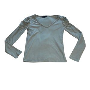 Green Puff Sleeve Fitted Blouse with Ruched Details